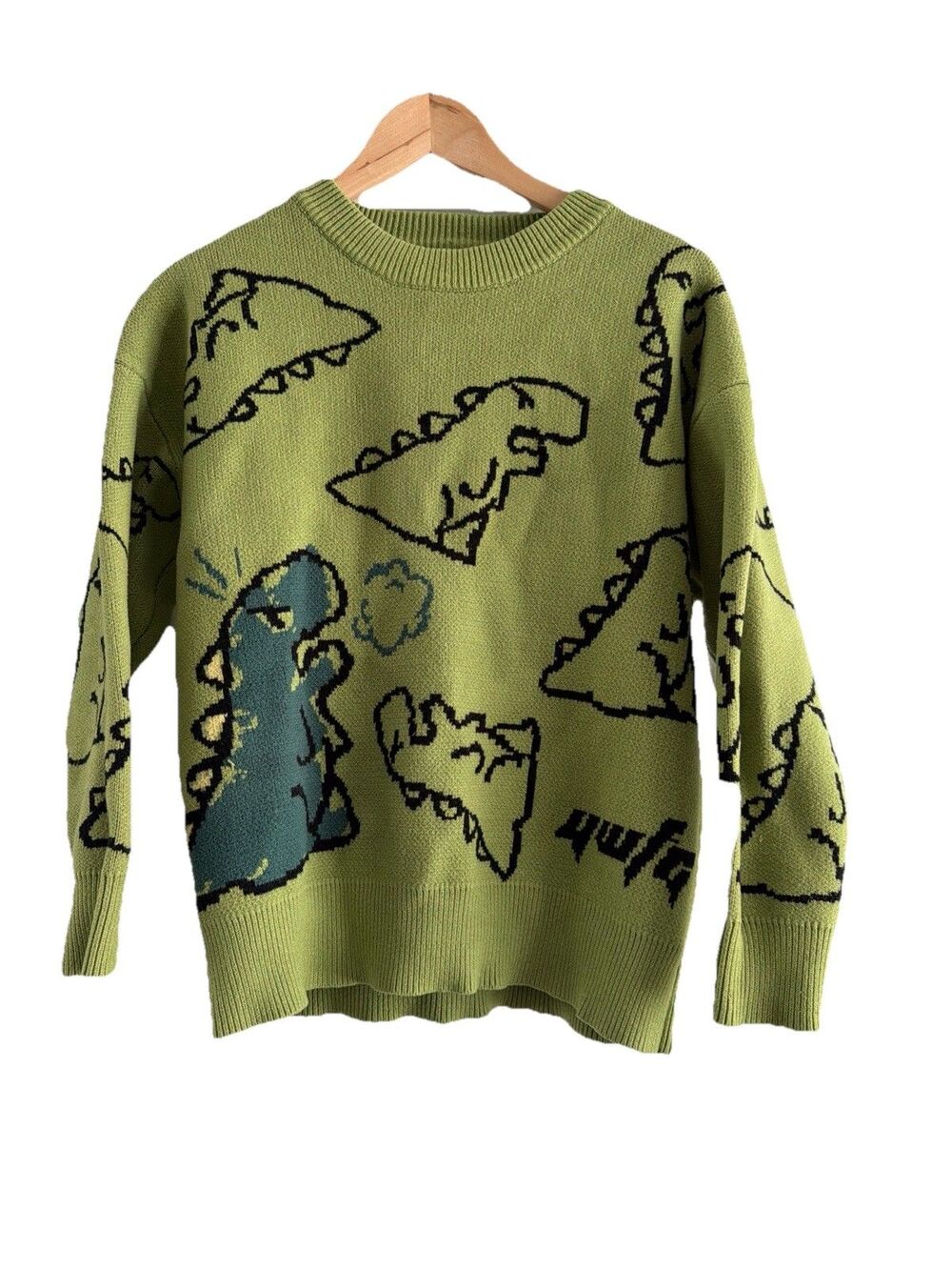 Aelfric Eden Green Dinosaur Cartoon Pattern Oversized Knit Sweater Size Small